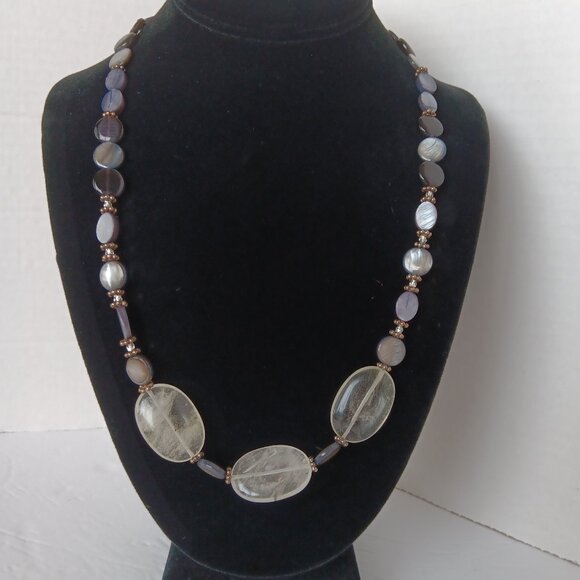 Handmad Grey & Black Necklace with Marbled Beads & Cloudy Agate Ovals 23 inches - Picture 4 of 16